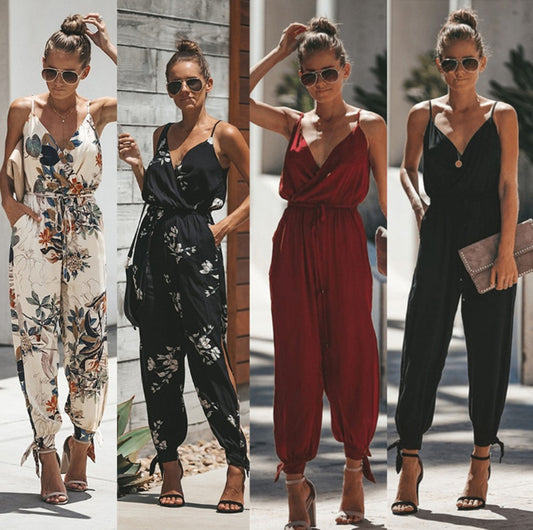Summer Sexy Droop V Neck Ankle Ties Floral Solid Jumpsuit