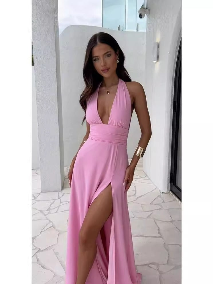 Halter Neck Deep V Neck Back Ties Cutouts High Slit Maxi Dress