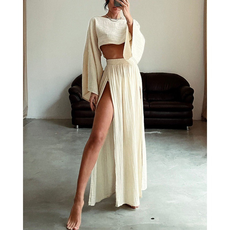 Linen Blend Crop Top & High Slit Skirt