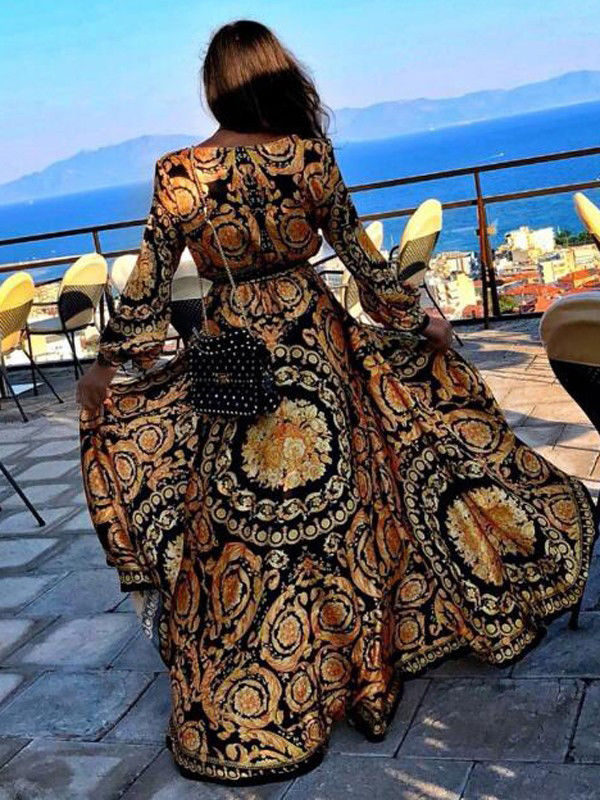Fall Glamour Glitter Accent Deep V Neck Front Slit Maxi Dress