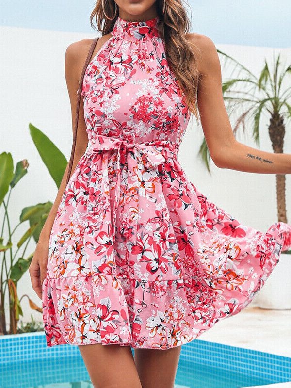 Choker Halter Neck Lace Ruffle Floral Large Hem Sundress Short Dress