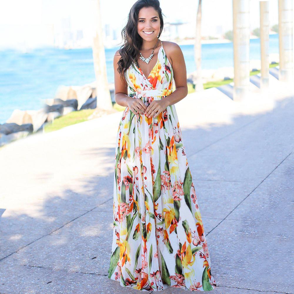 Sexy Sling Floral Maxi Dress Deep V-Neck