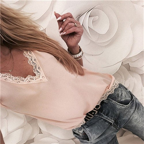 Coy Casual Loose Short Sleeve Lace V-neck Blouses