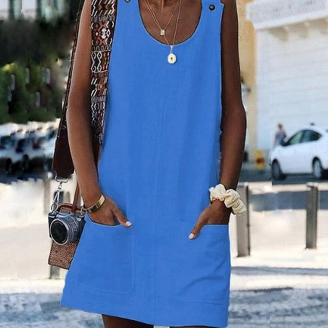 Sweet Summer O-Neck Pocket  A Line Dress