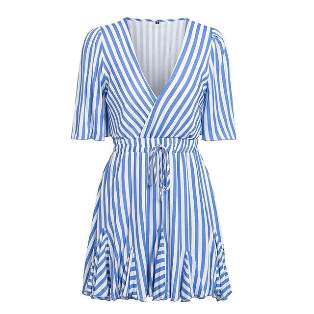 Sexy Vintage Striped V Neck Ruffle Cotton Short Sun Dress