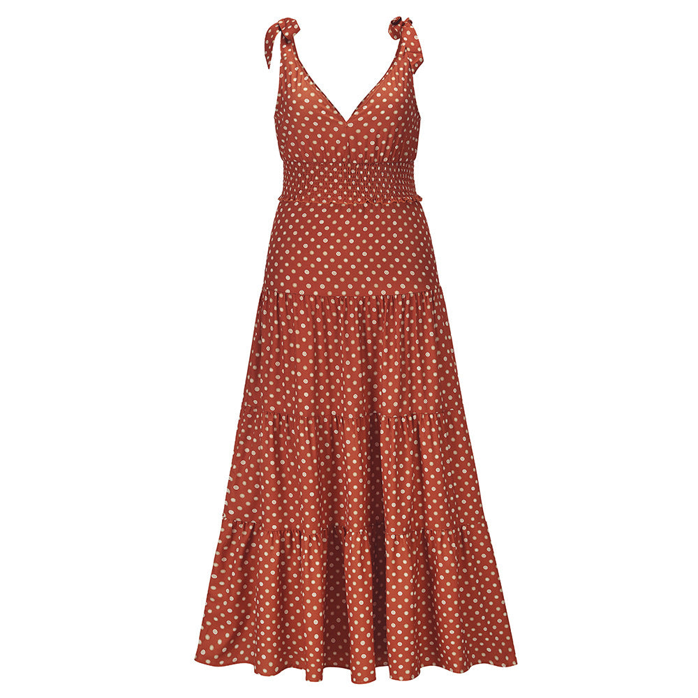 Sweet & Sexy Polka Dot V-Neck Shoulder Tie Swing Skirt Maxi Dress