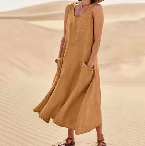 Pocket Sleeveless Round Neck Cotton and Linen Dress