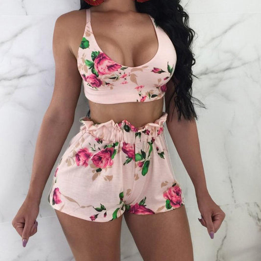 Casual Floral Print Crop Tank & Shorts Set