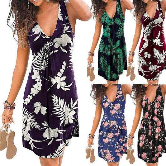 Sexy Tropical Printed V-Neck Casual Spaghetti Strap SundressDress