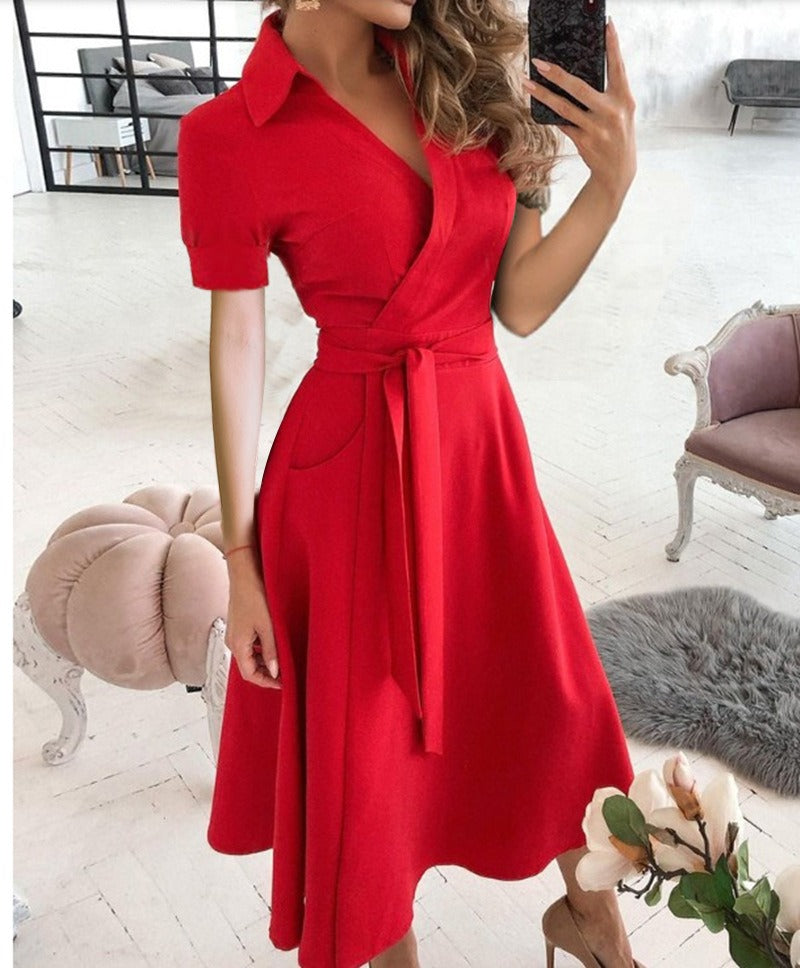 Sophisticated Sexy V-neck Fitted Wide Swing Wrap Dress