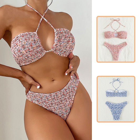 Summer Flowers Pleated Design Halter Neck Bikini Set