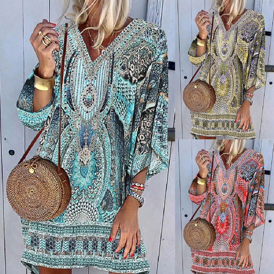 Summer Bohemian V-neck Long Sleeve Casual Dress