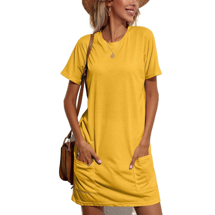 Coy Casual Round Neck T-shirt Pocket Dress