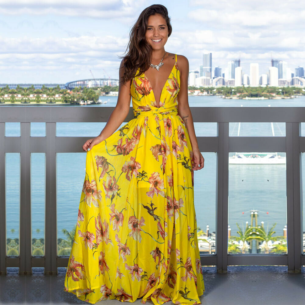 Sexy Sling Floral Maxi Dress Deep V-Neck