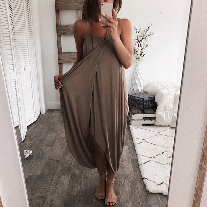 Coy Casual Drooped Spaghetti Strap Maxi Sundress Dress