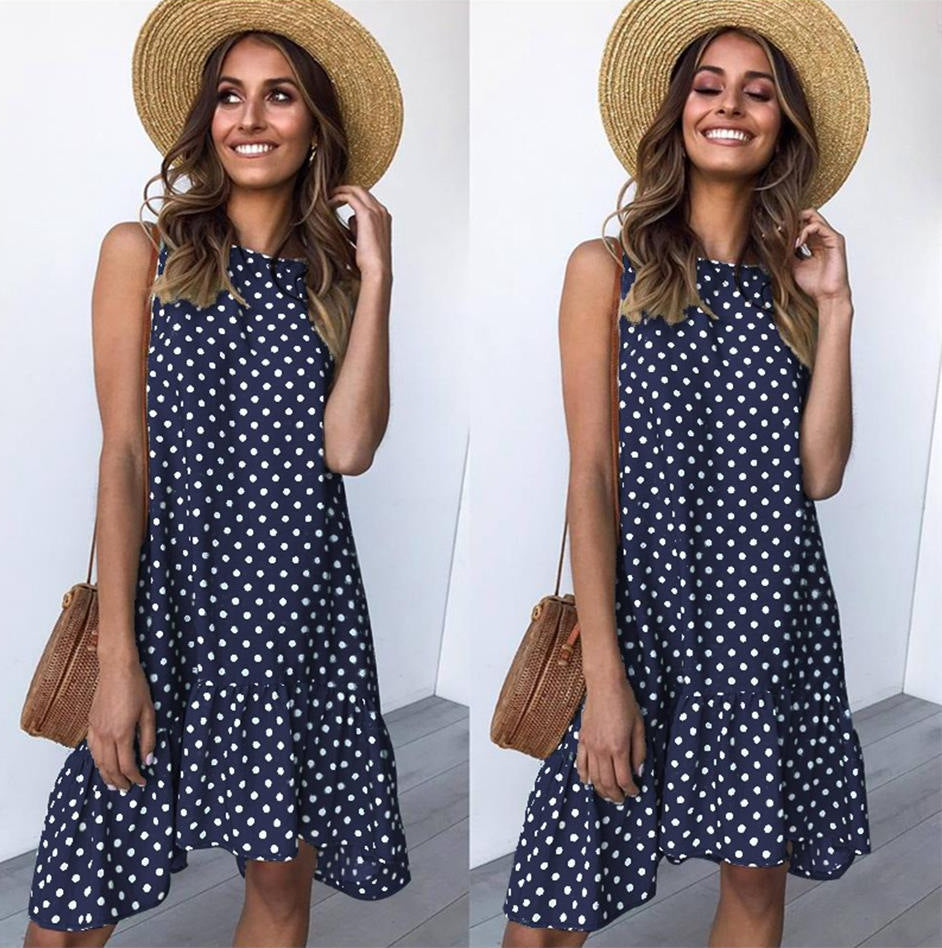 Round Neck Sleeveless Polka Dot Loose Swing Ruffle Dress