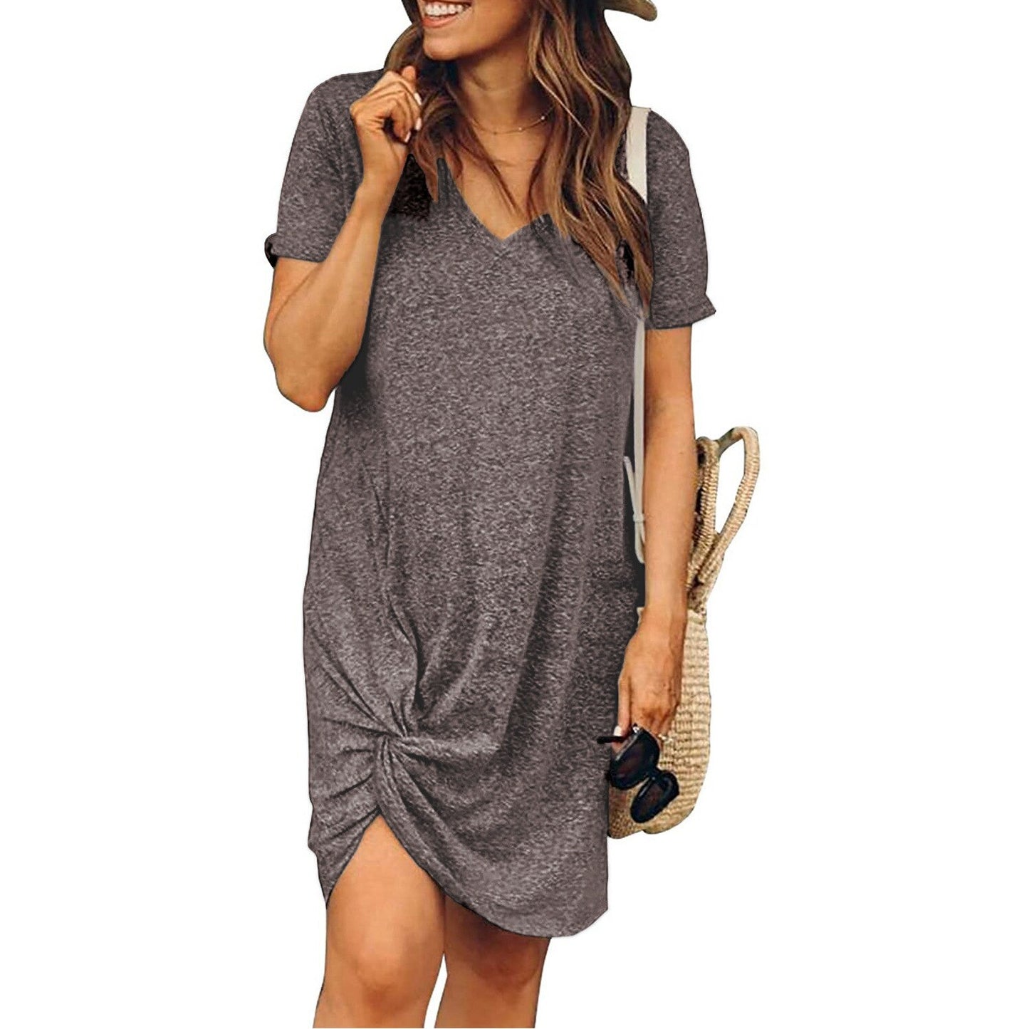 Casual Loose Knotted Front V Neck T Shirt Dress