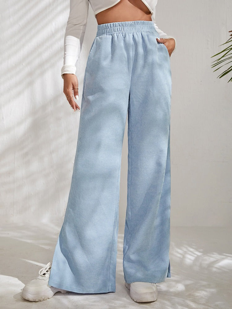 High Waist Casual Corduroy Splice Slit Bottom Pants