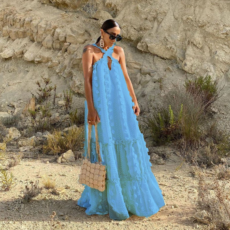 Hanging Halter Neck 3D Flower Maxi Dress