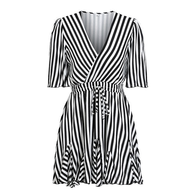 Sexy Vintage Striped V Neck Ruffle Cotton Short Sun Dress