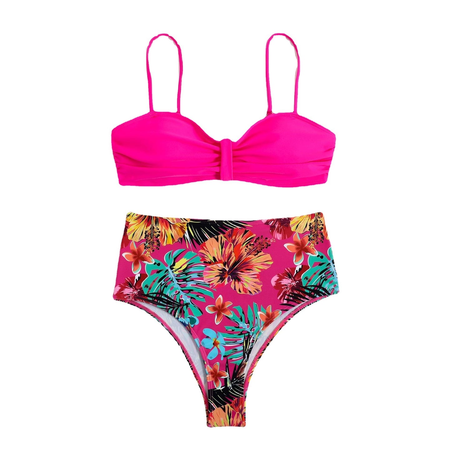 Sweet Tropical High Waisted & Ruched Front Padded Bra Top Bikini