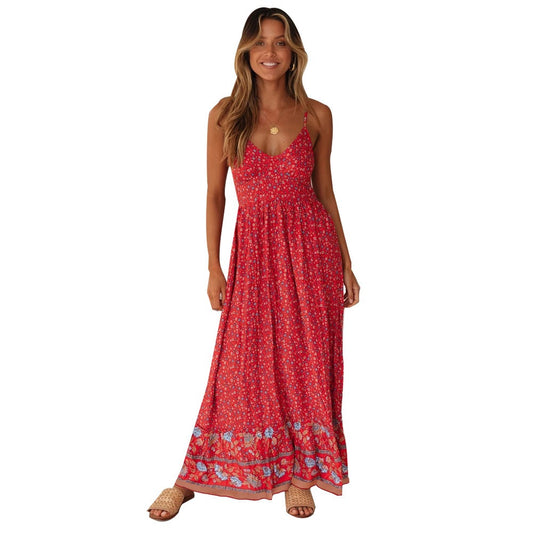 Summer Boho V Neck Elegant Floral Maxi Sundress Dress