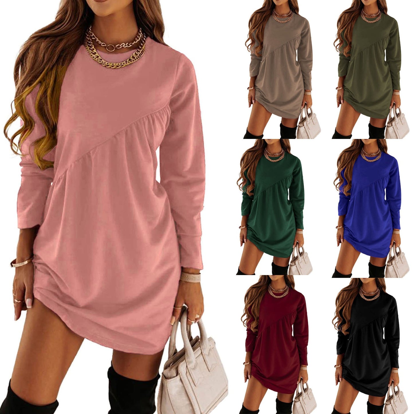 Sexy Loose Fit Long Sleeved Casual Round Neck Dress