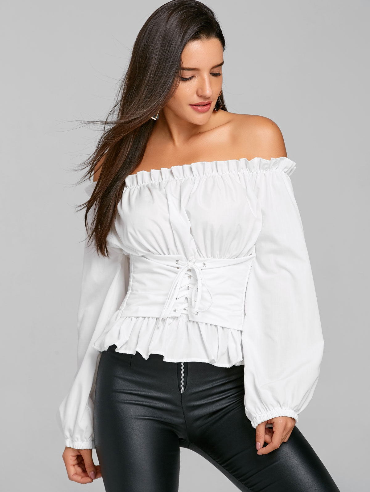 Off The Shoulder Lace Up Smocked Blouse