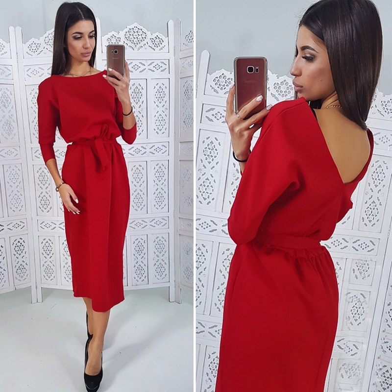 Sexy Vintage Sashes Low V Back Midi Dress