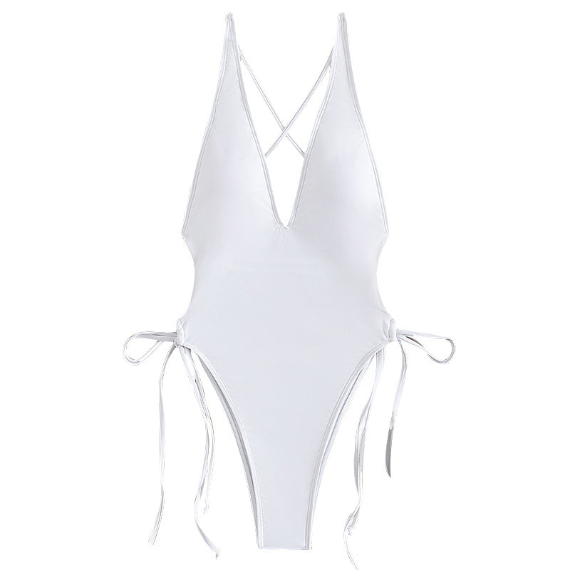 Sexy Conservative Deep V Neck Drawstring French Cut Hips Swimsuit