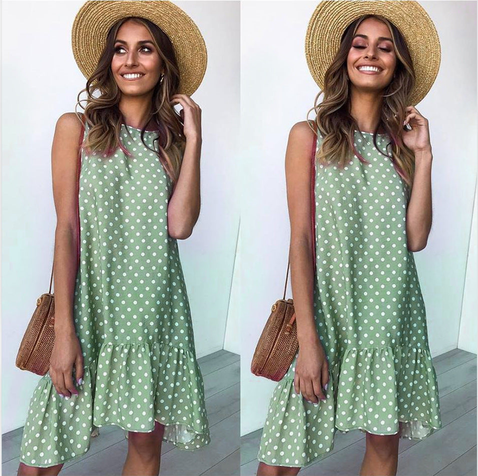 Round Neck Sleeveless Polka Dot Loose Swing Ruffle Dress