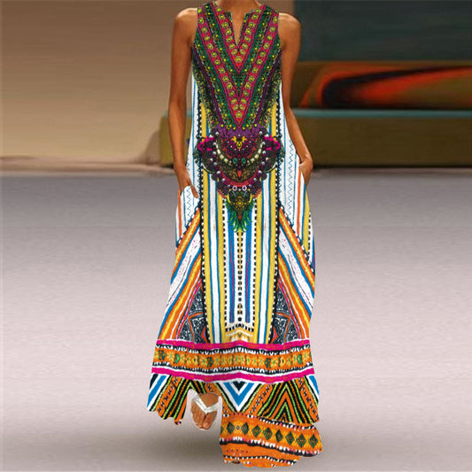 Boho Vintage Print Long Dress V-Neck Pocket SunDress