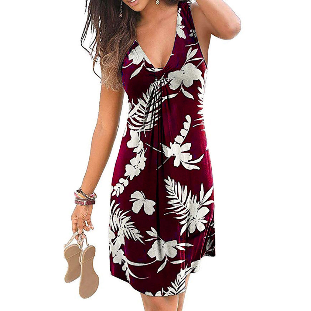 Sexy Tropical Printed V-Neck Casual Spaghetti Strap SundressDress