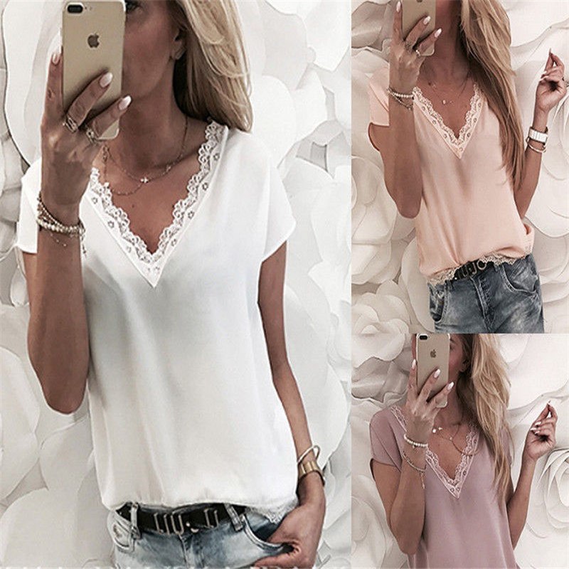 Coy Casual Loose Short Sleeve Lace V-neck Blouses