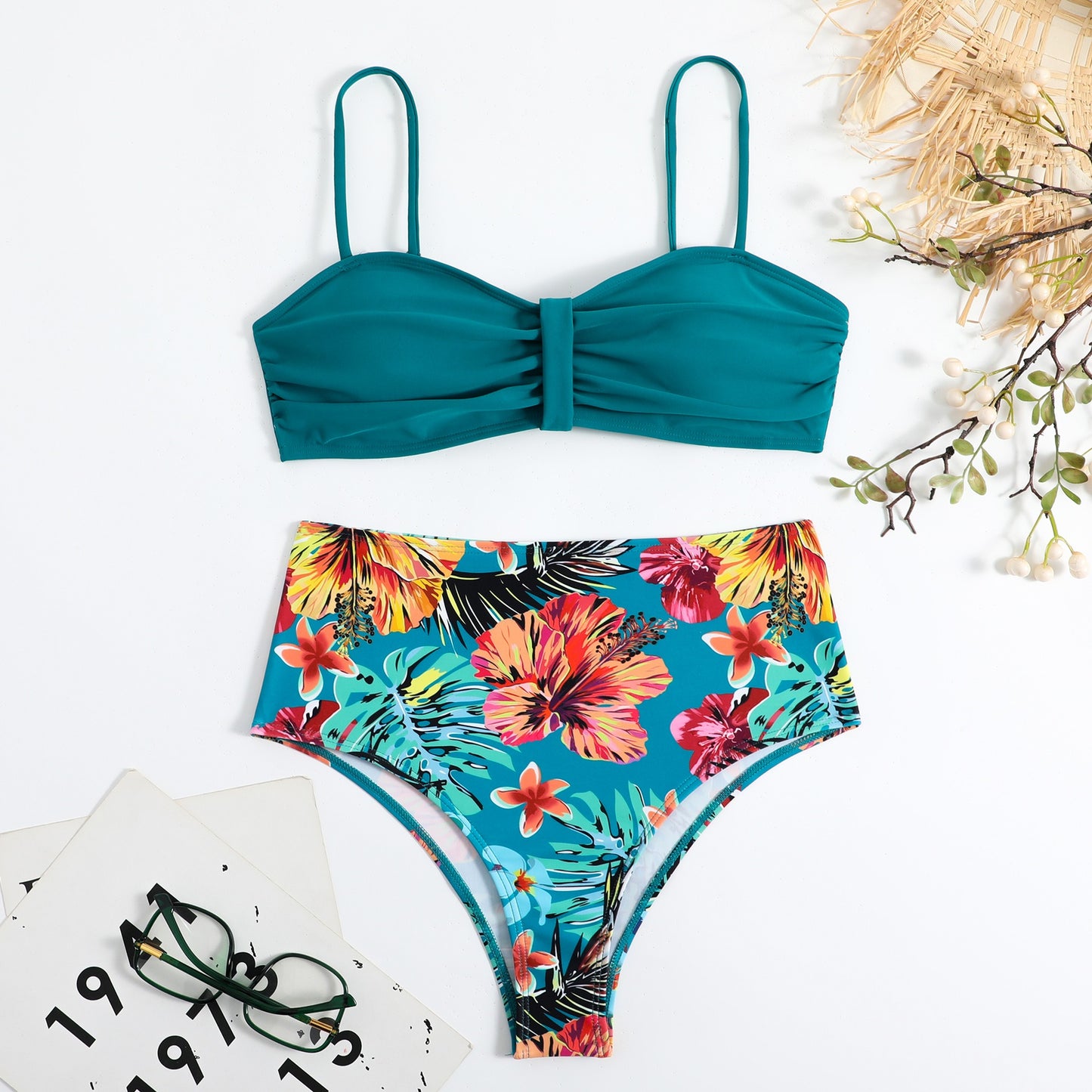 Sweet Tropical High Waisted & Ruched Front Padded Bra Top Bikini