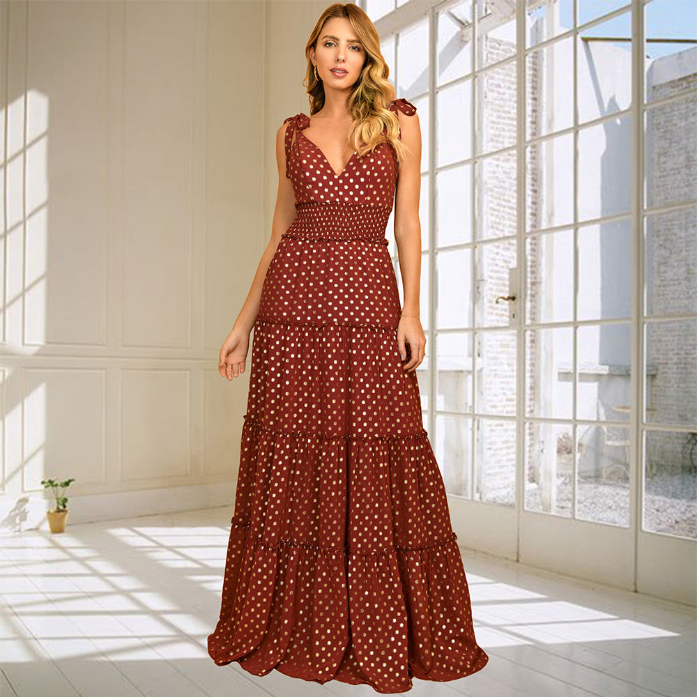 Sweet & Sexy Polka Dot V-Neck Shoulder Tie Swing Skirt Maxi Dress