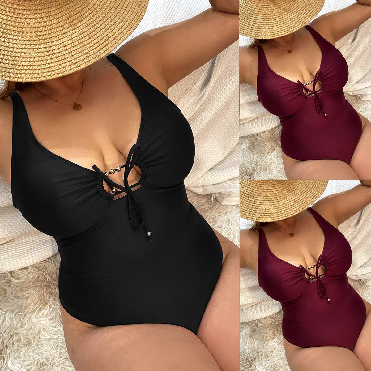 Sexy Plus Size Lace Up Front Tummy Control Conservative One Piece Swimsuit