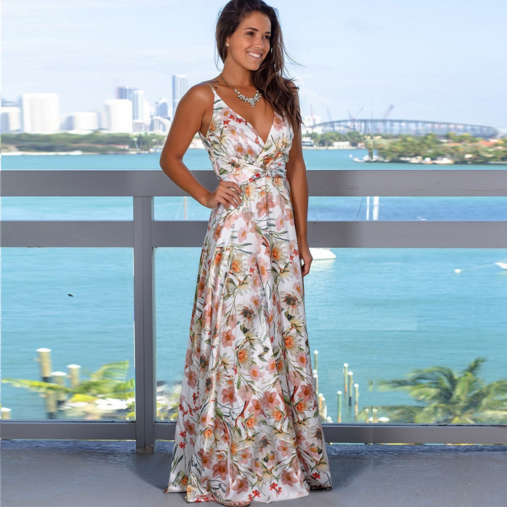 Sexy Sling Floral Maxi Dress Deep V-Neck