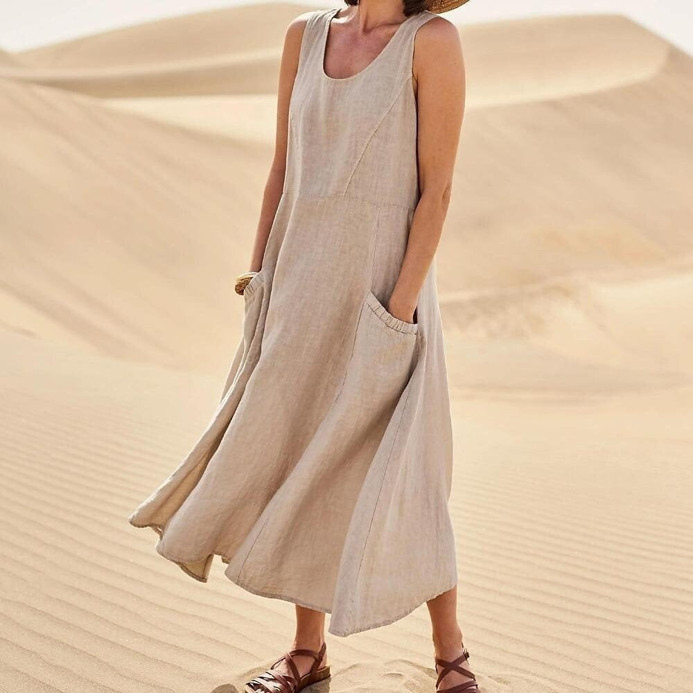 Pocket Sleeveless Round Neck Cotton and Linen Dress