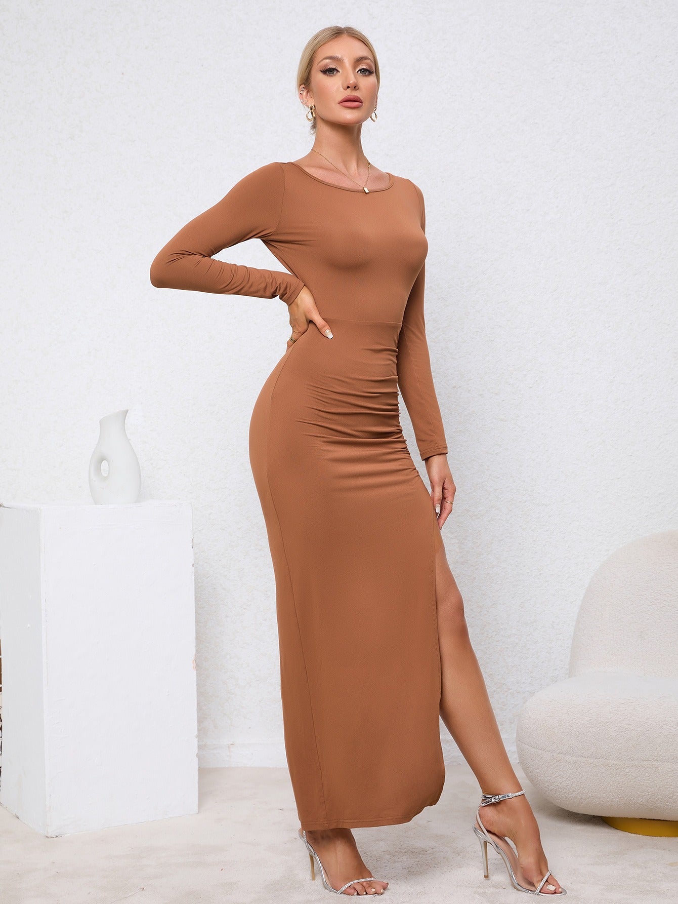 Fall Fashion Backless High Slit Wrap Hip Fitted Dress