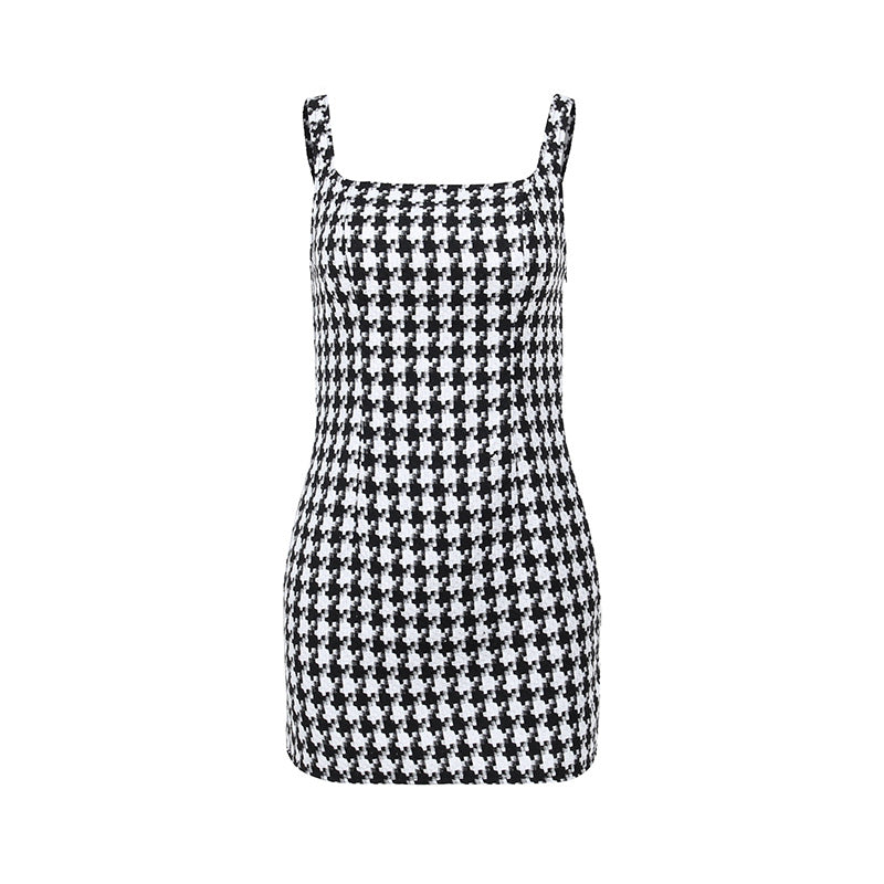 Houndstooth Square Neck Woolen Fitted Mini Dress