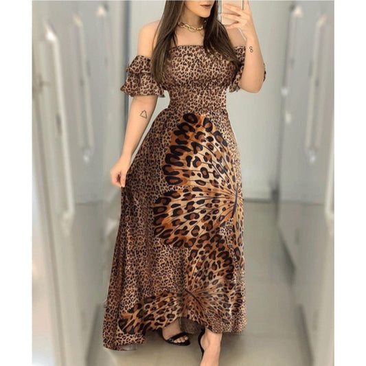 Butterfly Print Dress With Leopard Print Off The Shoulder Sundress