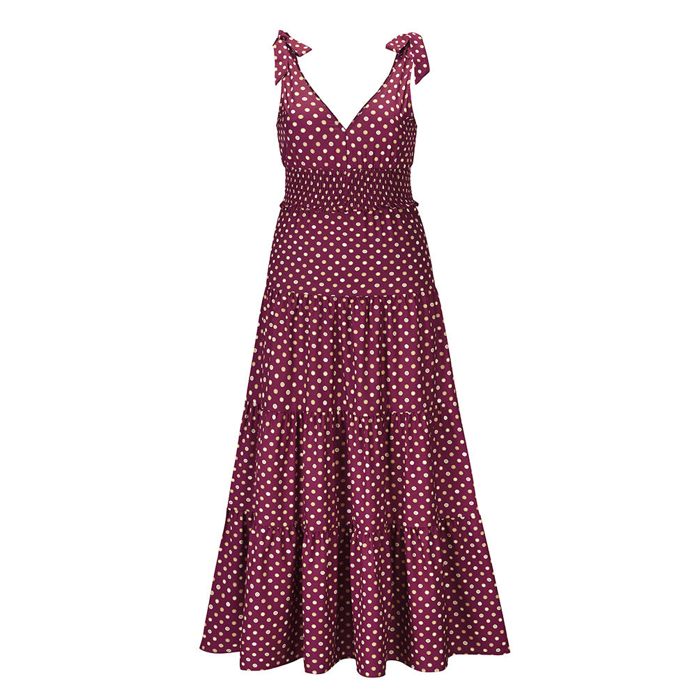 Sweet & Sexy Polka Dot V-Neck Shoulder Tie Swing Skirt Maxi Dress