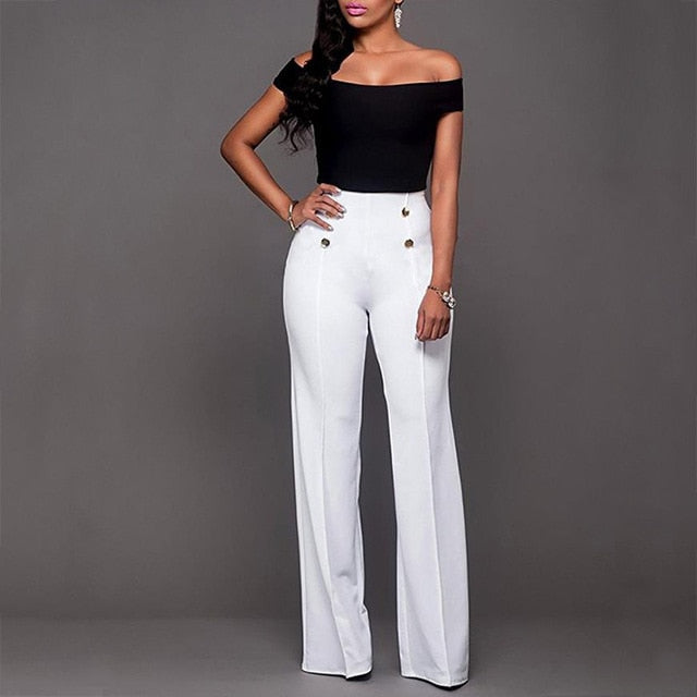 Button Accent Flare Leg High Waist Pants