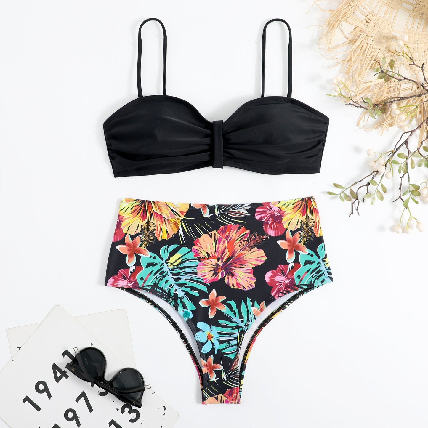 Sweet Tropical High Waisted & Ruched Front Padded Bra Top Bikini