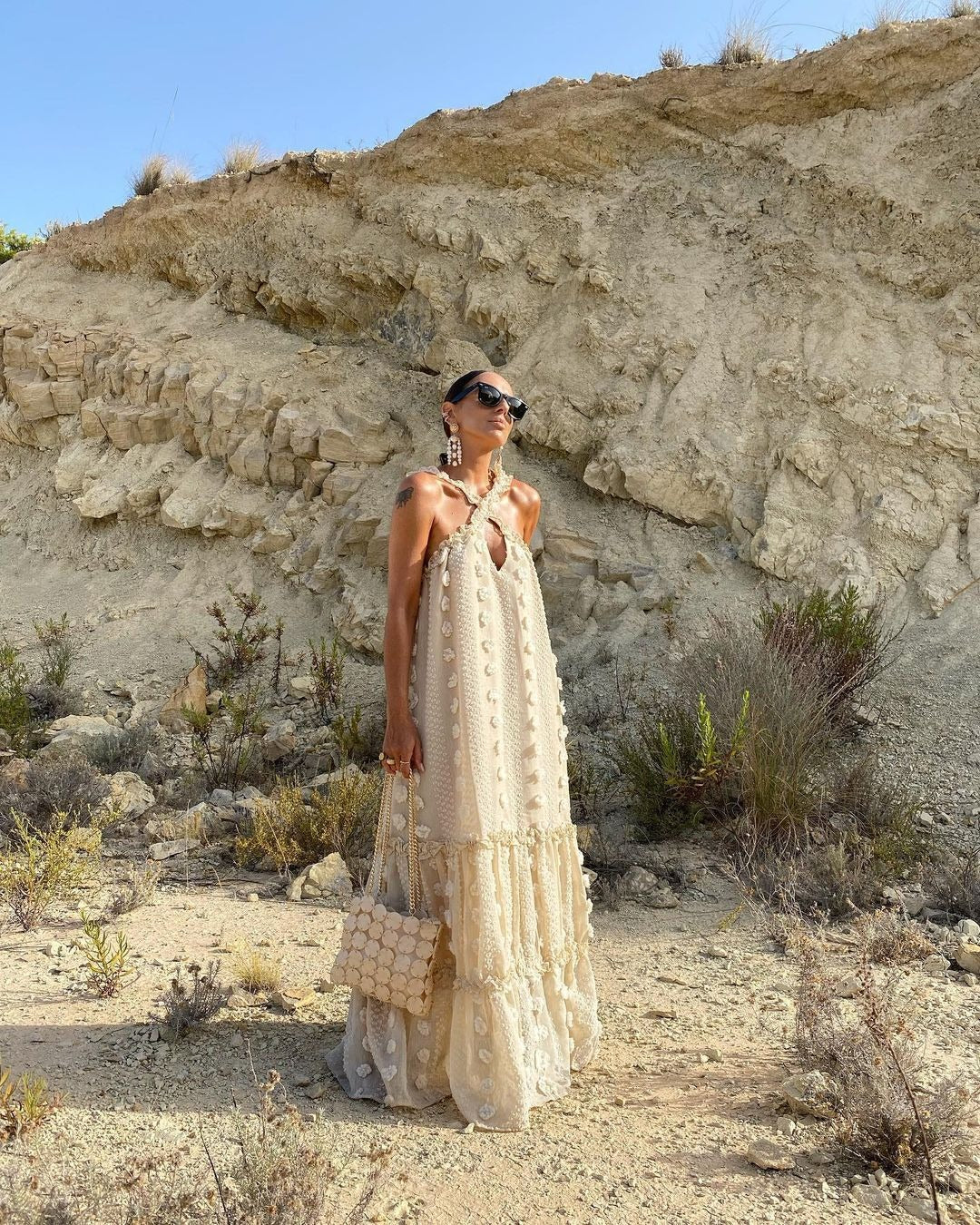 Hanging Halter Neck 3D Flower Maxi Dress