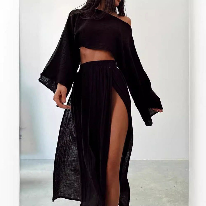 Linen Blend Crop Top & High Slit Skirt