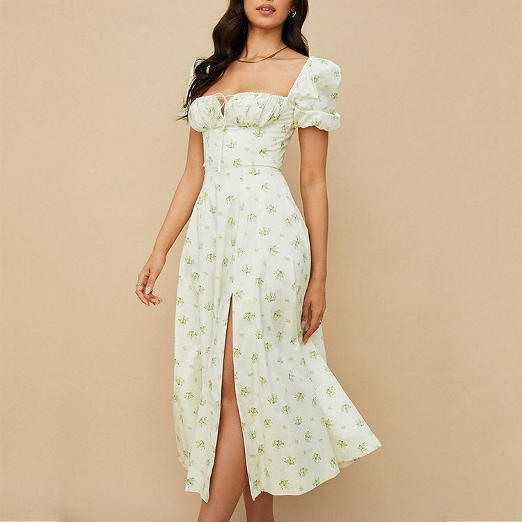 Sexy French Floral Open Back Strap Split Dress Sundress