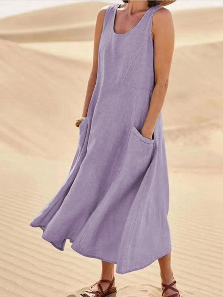 Pocket Sleeveless Round Neck Cotton and Linen Dress