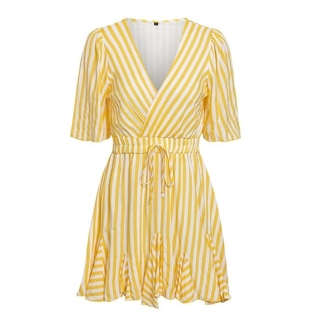 Sexy Vintage Striped V Neck Ruffle Cotton Short Sun Dress